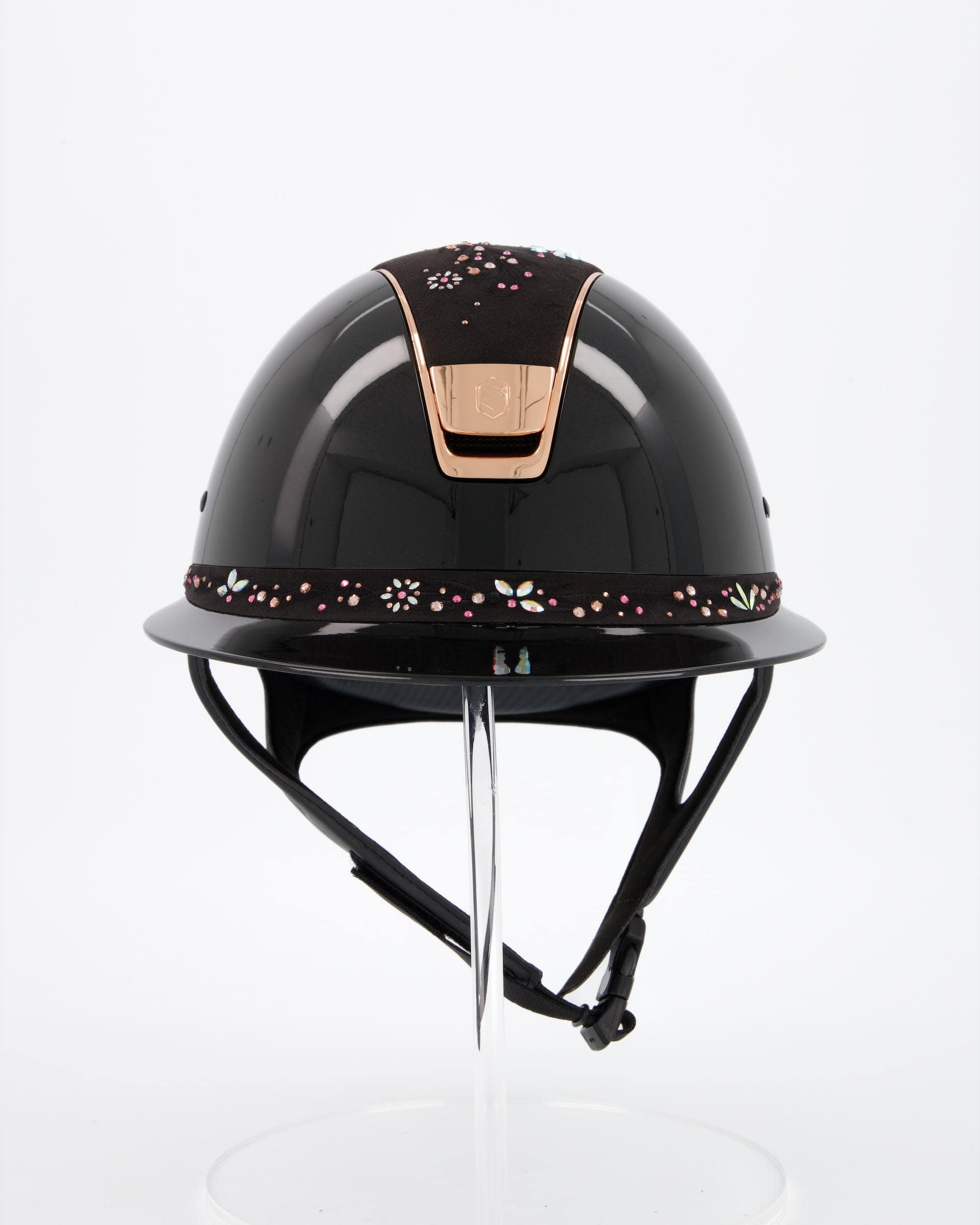 Reithelm Miss Shield Shadowglossy Metallic Black, Top u. Frontal Band Flower Swarovski Jewelry Majestic Pink, Trim Chrome Rosegold, Blason Chrome Rosegold in schwarz