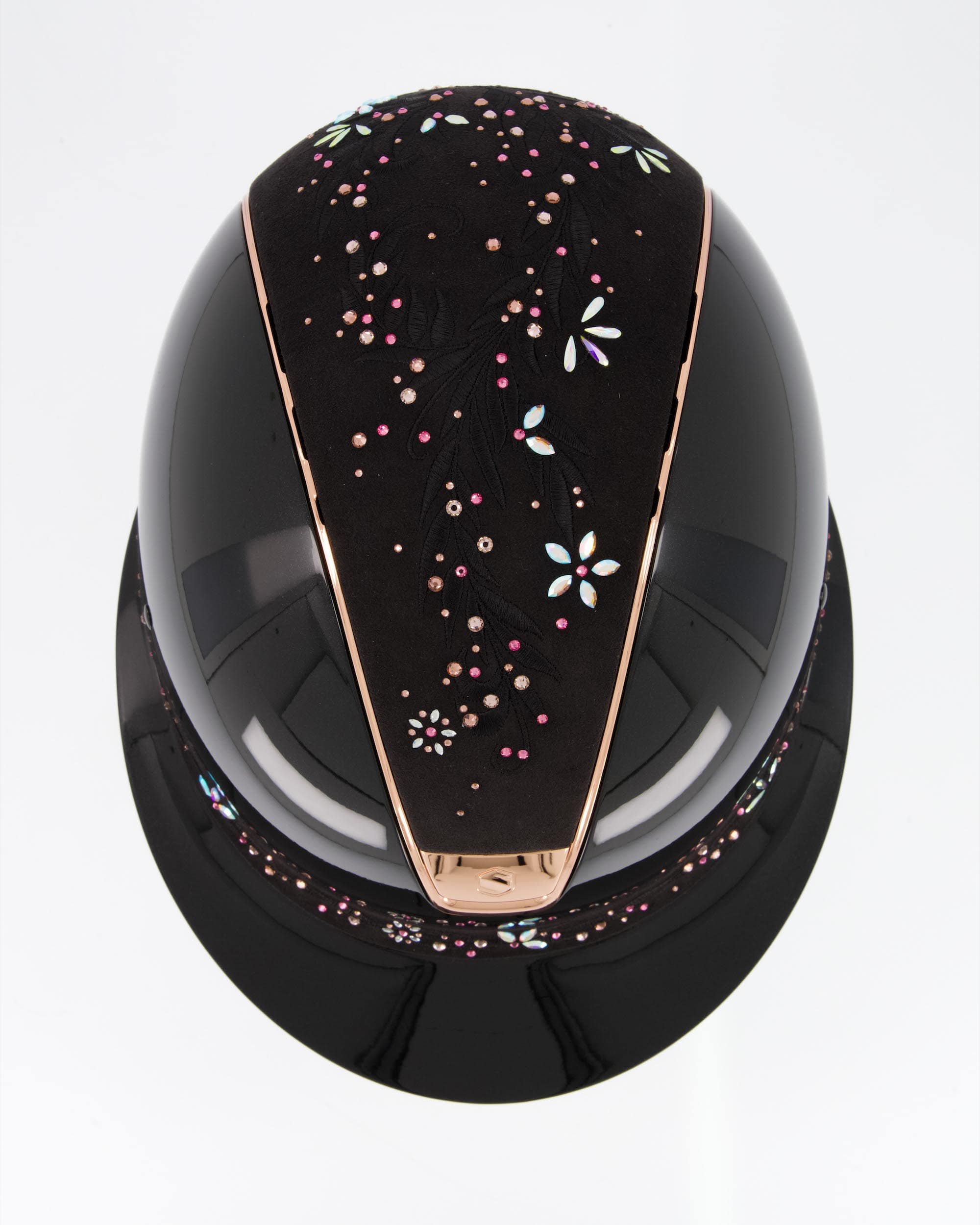 Reithelm Miss Shield Shadowglossy Metallic Black, Top u. Frontal Band Flower Swarovski Jewelry Majestic Pink, Trim Chrome Rosegold, Blason Chrome Rosegold in schwarz