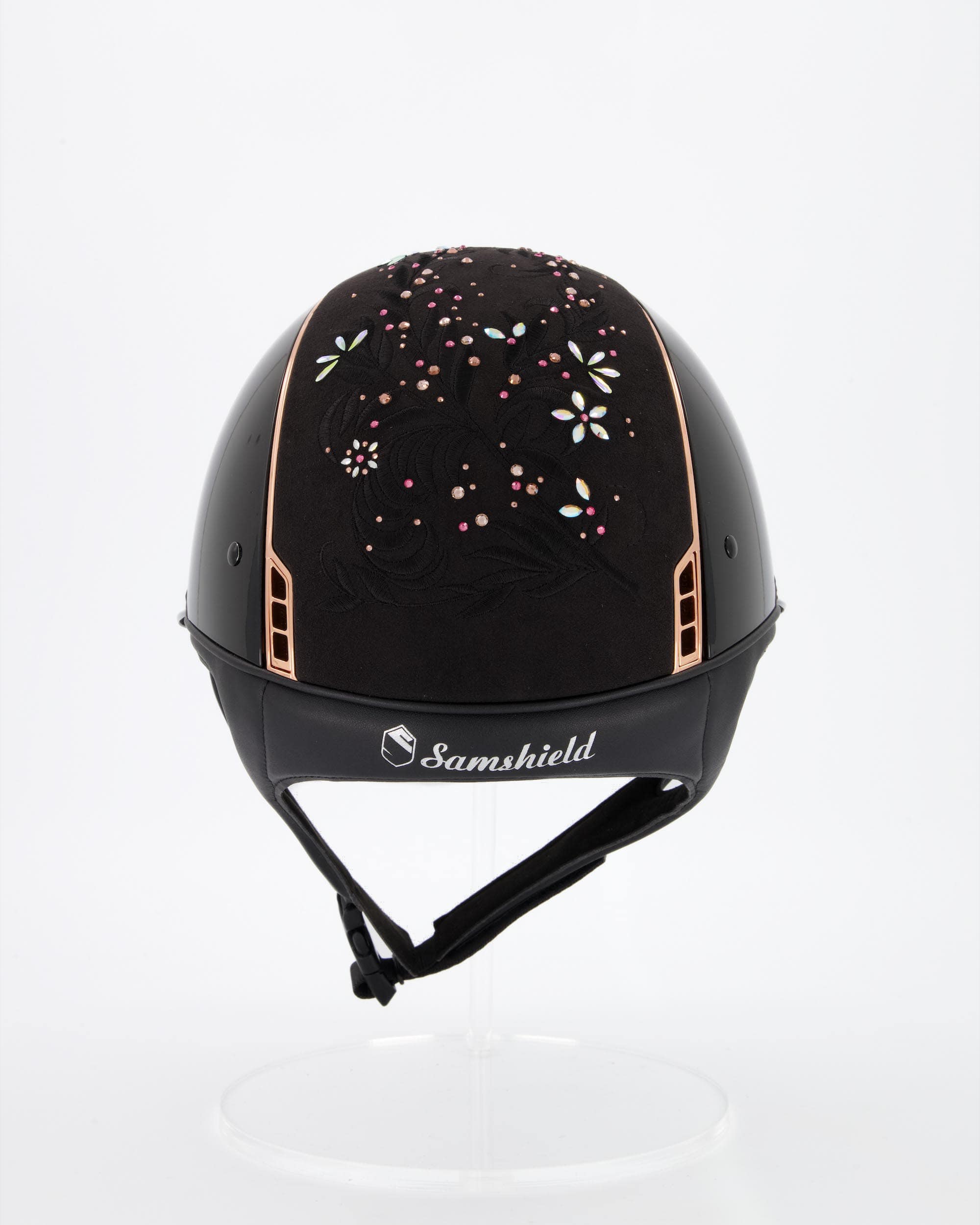 Reithelm Miss Shield Shadowglossy Metallic Black, Top u. Frontal Band Flower Swarovski Jewelry Majestic Pink, Trim Chrome Rosegold, Blason Chrome Rosegold in schwarz