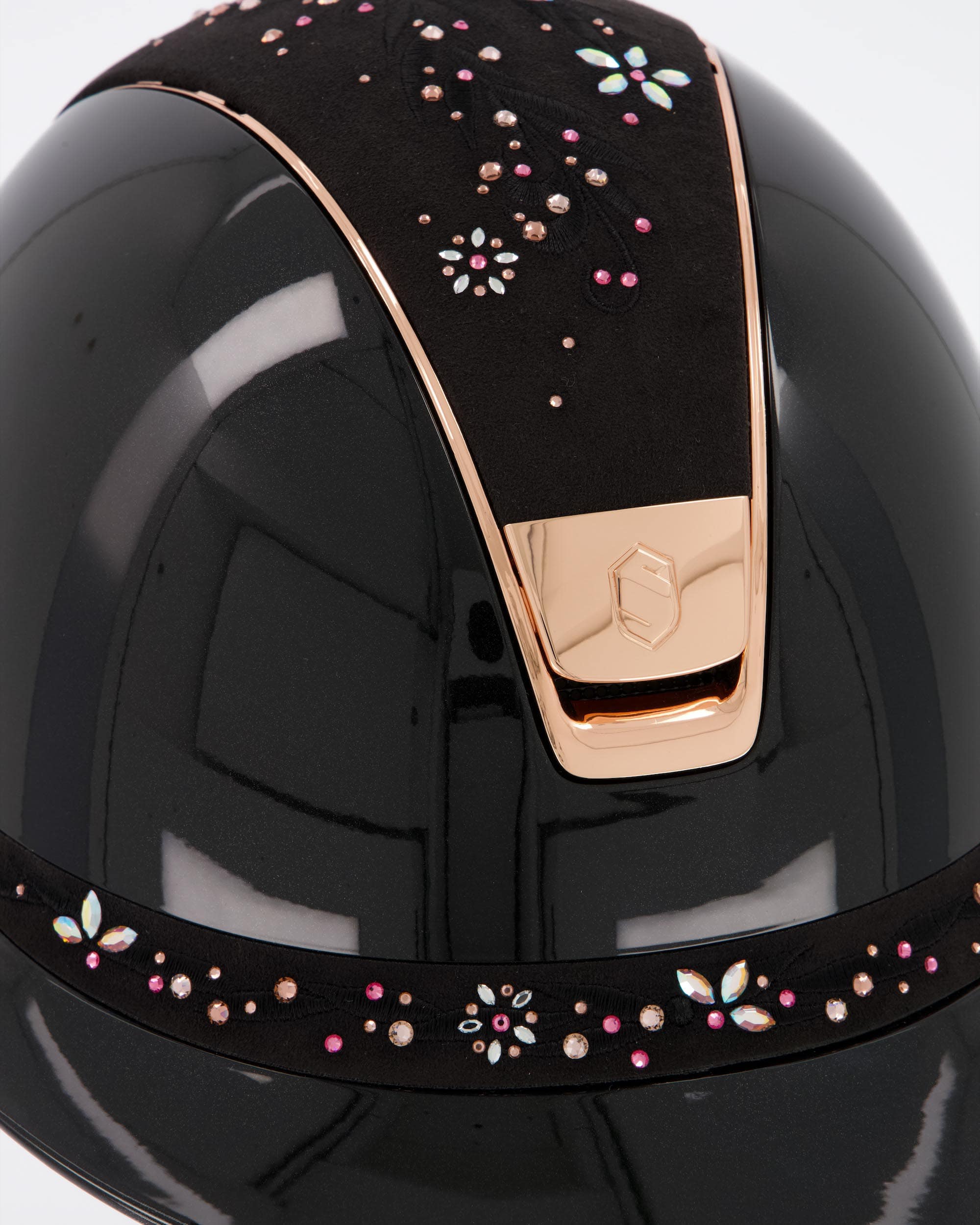 Reithelm Miss Shield Shadowglossy Metallic Black, Top u. Frontal Band Flower Swarovski Jewelry Majestic Pink, Trim Chrome Rosegold, Blason Chrome Rosegold in schwarz