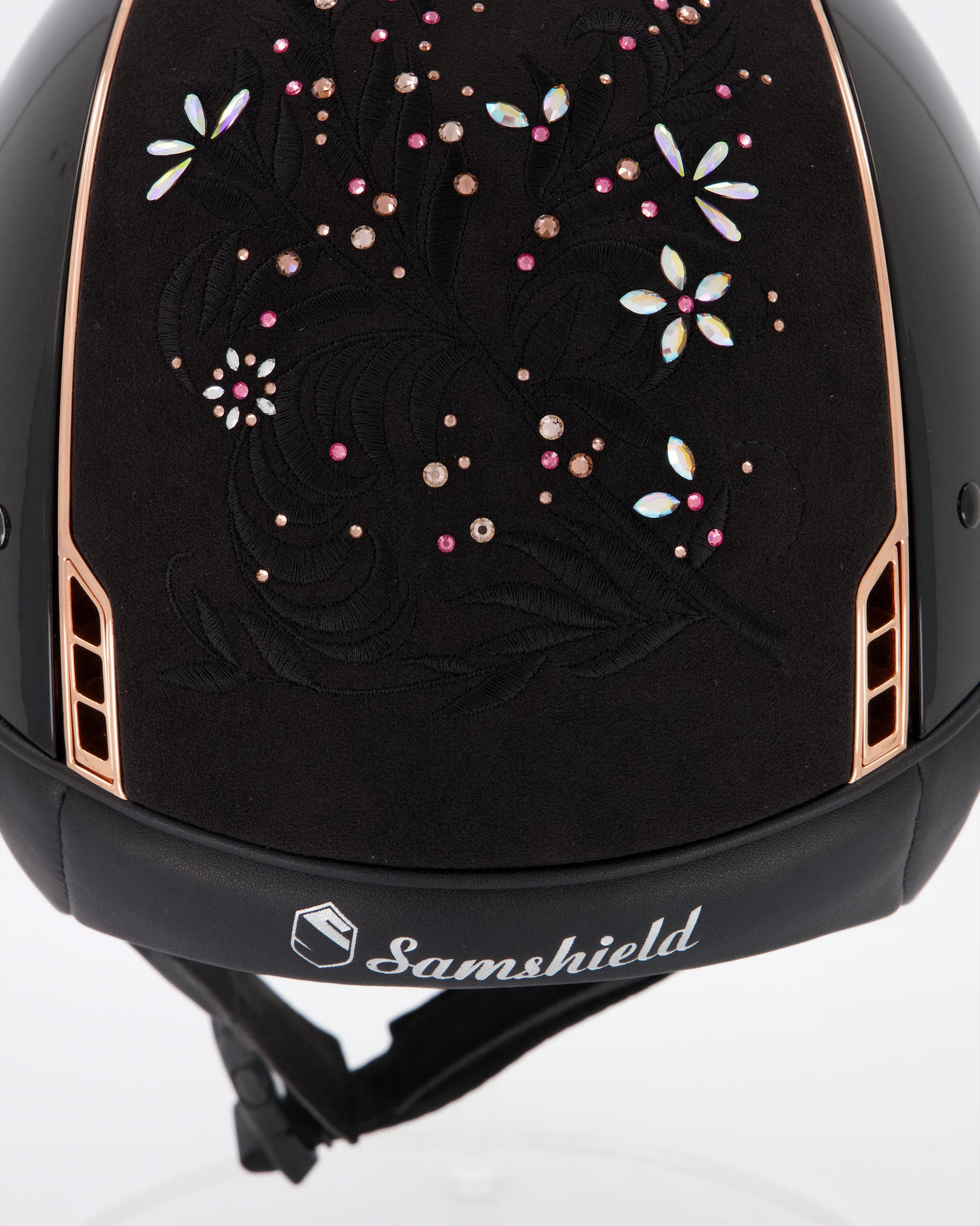 Reithelm Miss Shield Shadowglossy Metallic Black, Top u. Frontal Band Flower Swarovski Jewelry Majestic Pink, Trim Chrome Rosegold, Blason Chrome Rosegold in schwarz